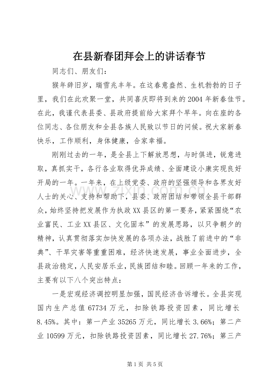 在县新春团拜会上的讲话发言春节.docx_第1页