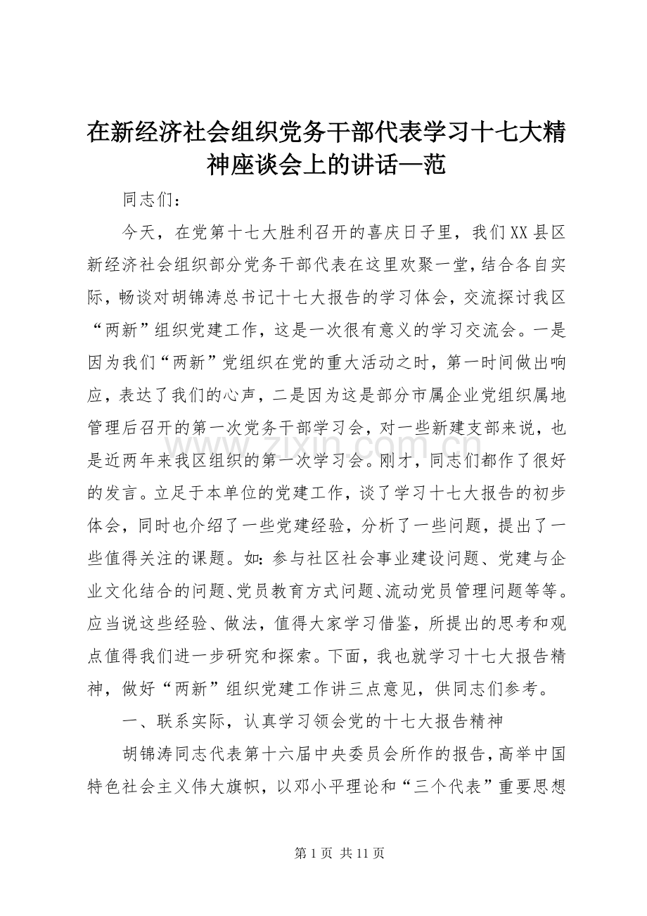 在新经济社会组织党务干部代表学习十七大精神座谈会上的讲话发言—范.docx_第1页