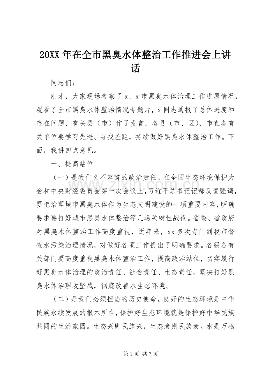 20XX年在全市黑臭水体整治工作推进会上讲话发言.docx_第1页