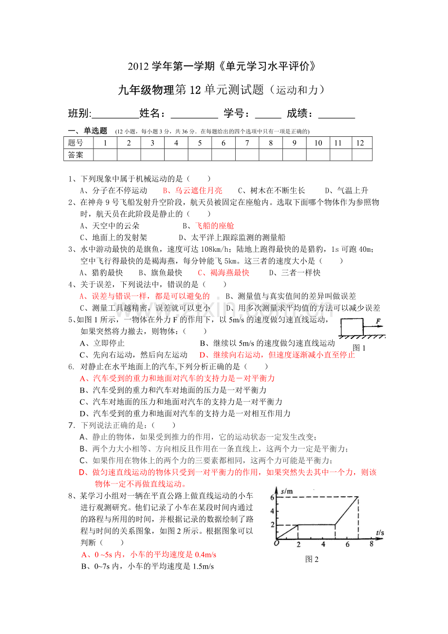 九年级物理第12单元测试题（运动和力）.doc_第1页