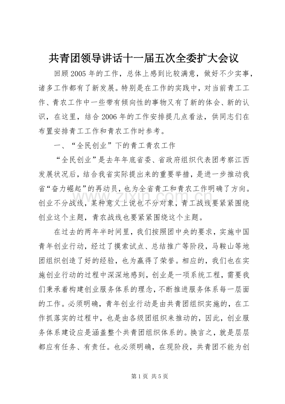 共青团领导讲话发言十一届五次全委扩大会议.docx_第1页