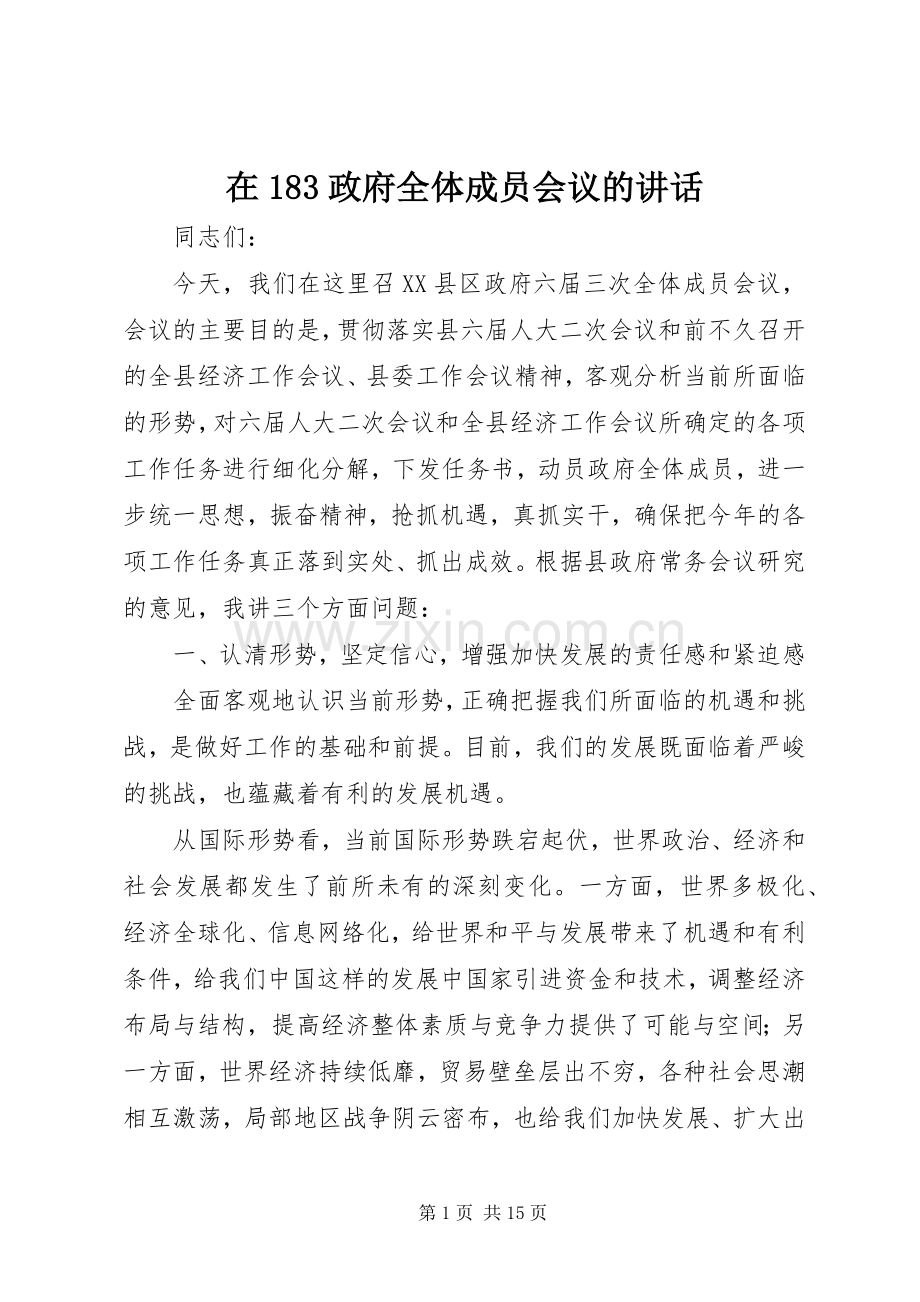 在183政府全体成员会议的讲话发言.docx_第1页