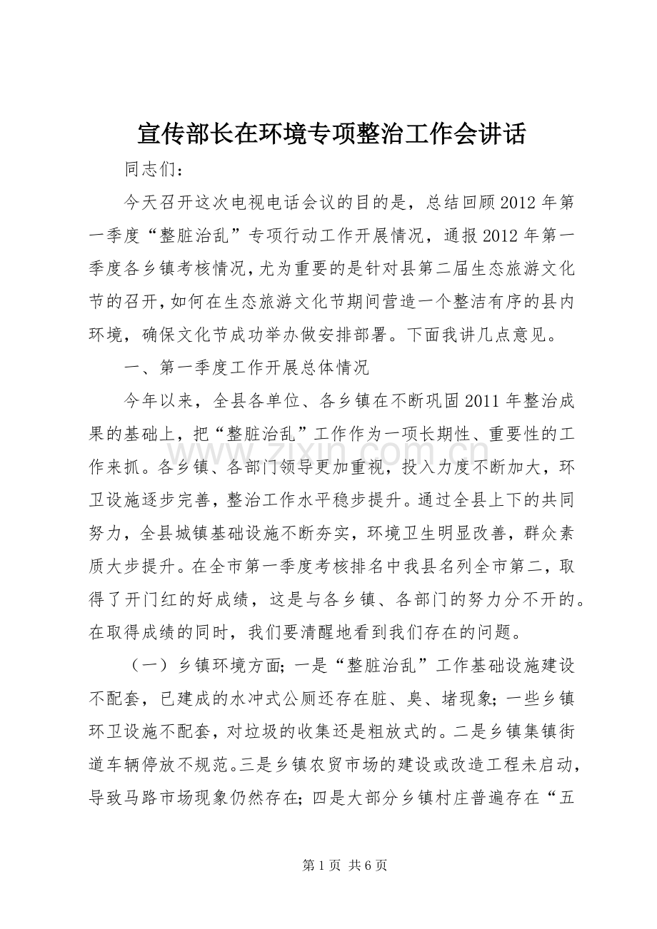 宣传部长在环境专项整治工作会讲话发言.docx_第1页