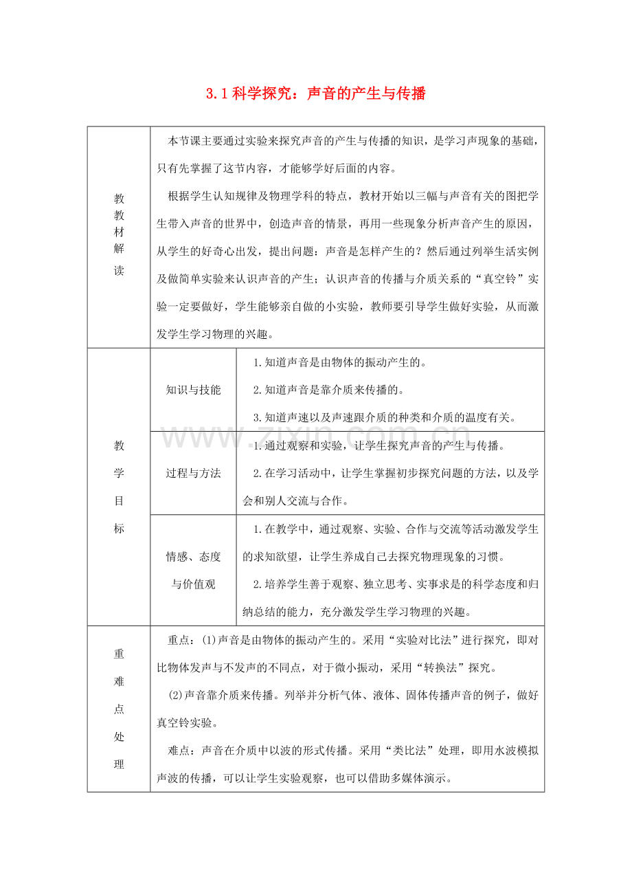 八年级物理全册 3.1科学探究：声音的产生与传播教案 （新版）沪科版-（新版）沪科版初中八年级全册物理教案.doc_第1页