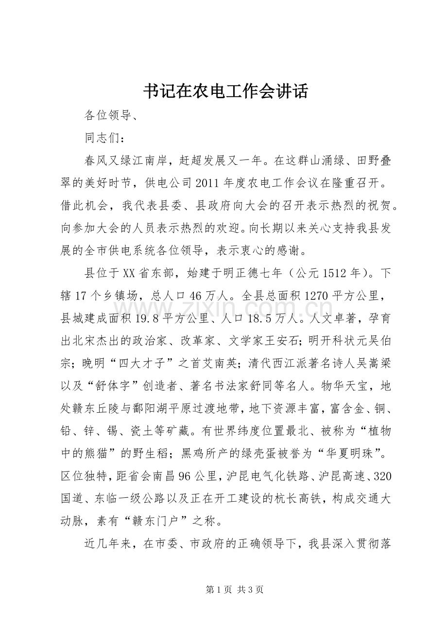 书记在农电工作会讲话发言.docx_第1页