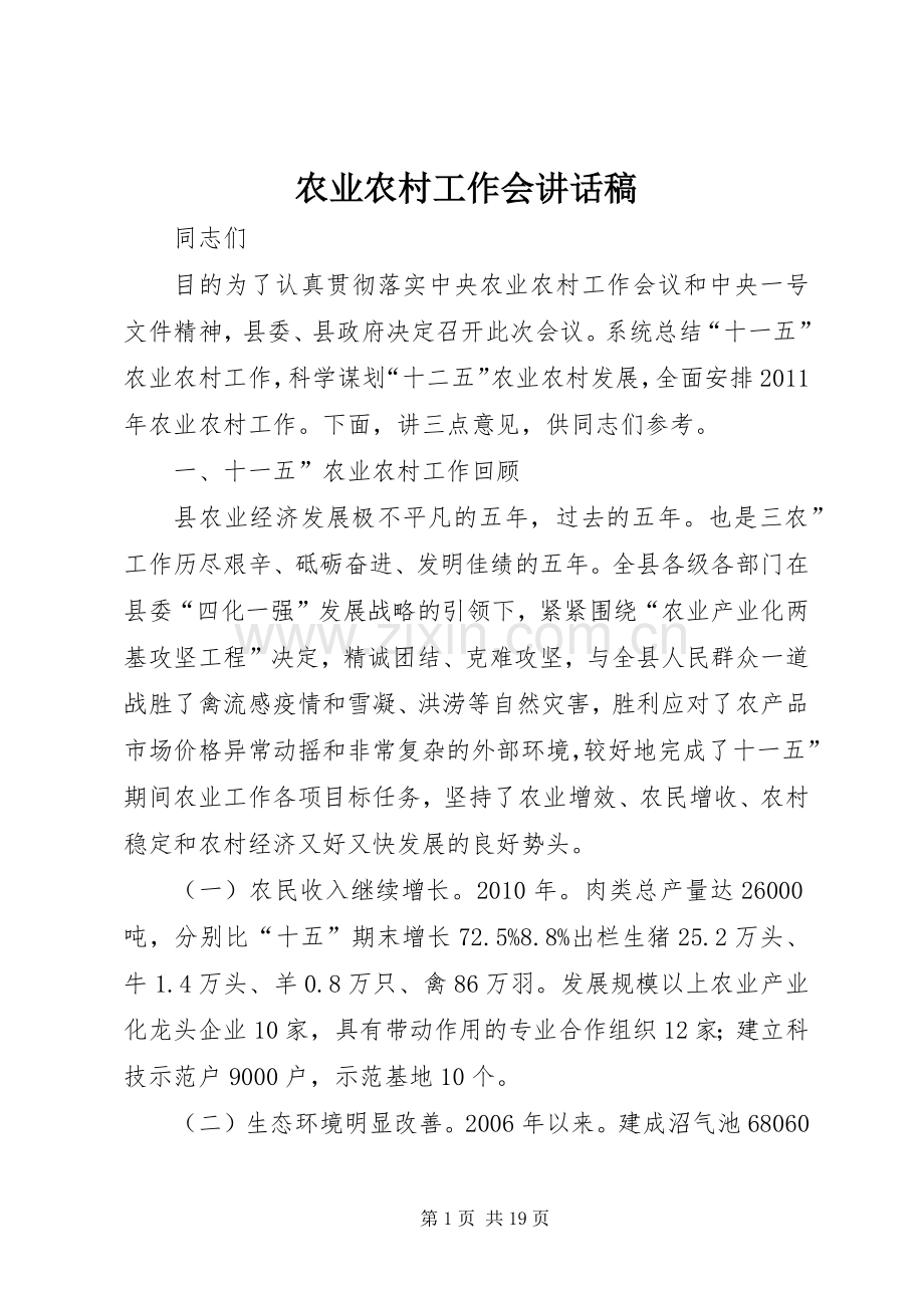 农业农村工作会讲话发言稿.docx_第1页