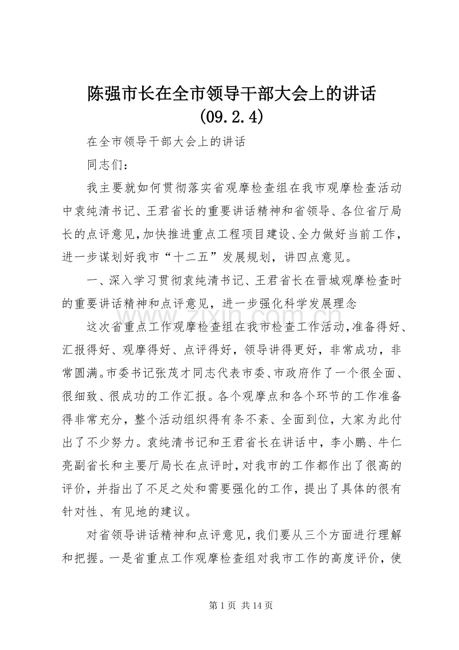 陈强市长在全市领导干部大会上的讲话发言(09.2.4)(3).docx_第1页
