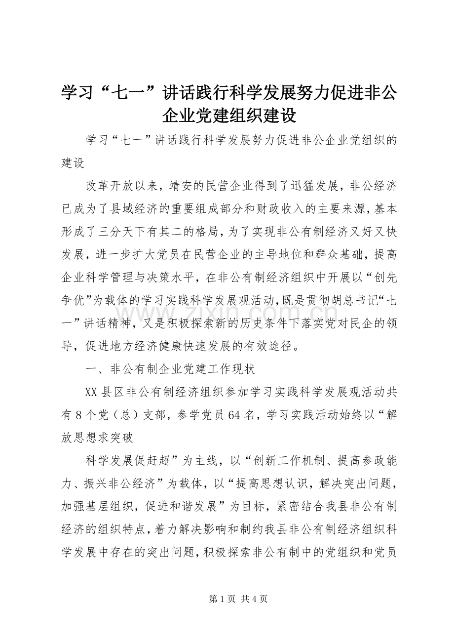 学习“七一”讲话发言践行科学发展努力促进非公企业党建组织建设.docx_第1页