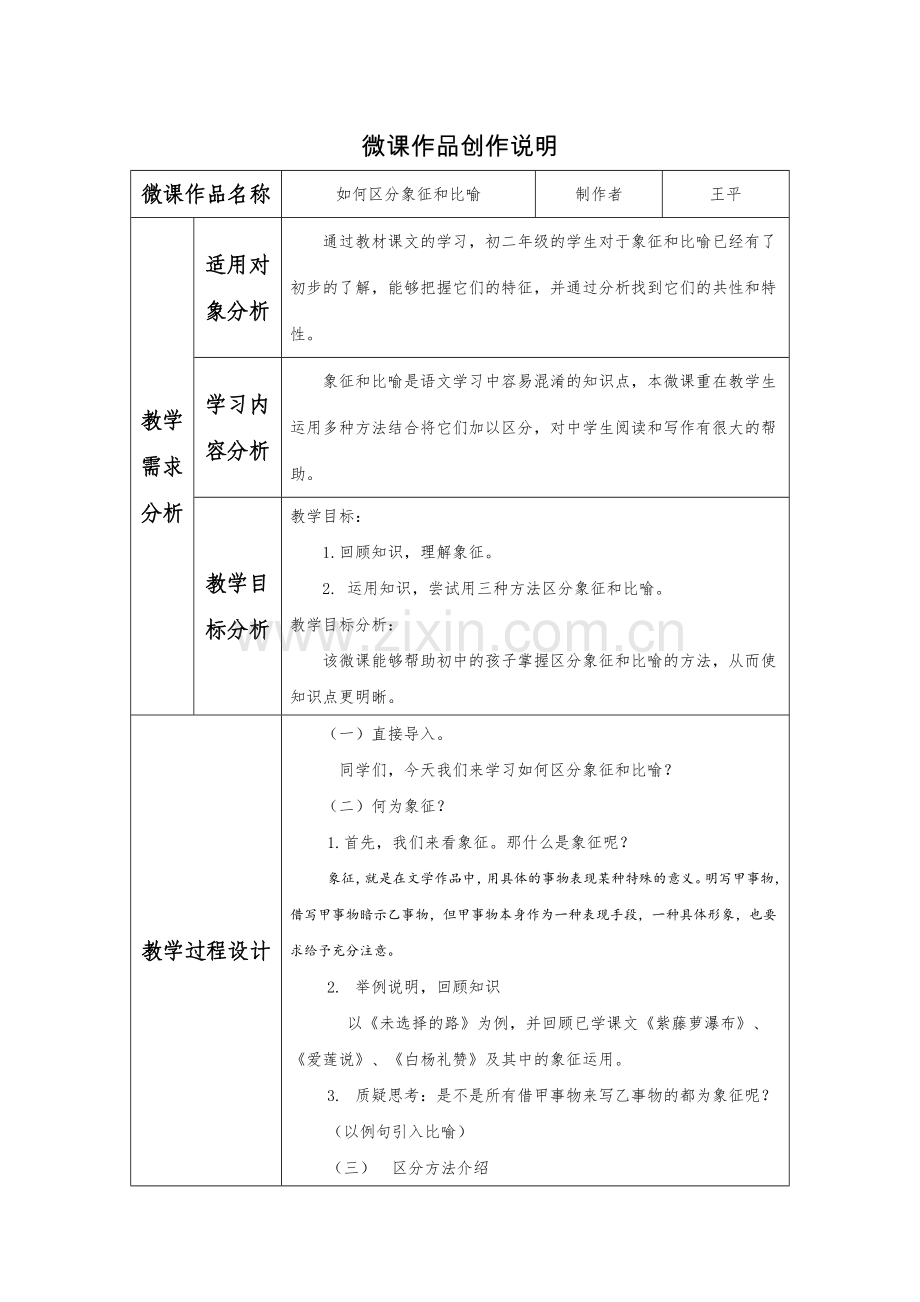 微课《怎么区分象征和比喻》作品创作说明.doc_第1页
