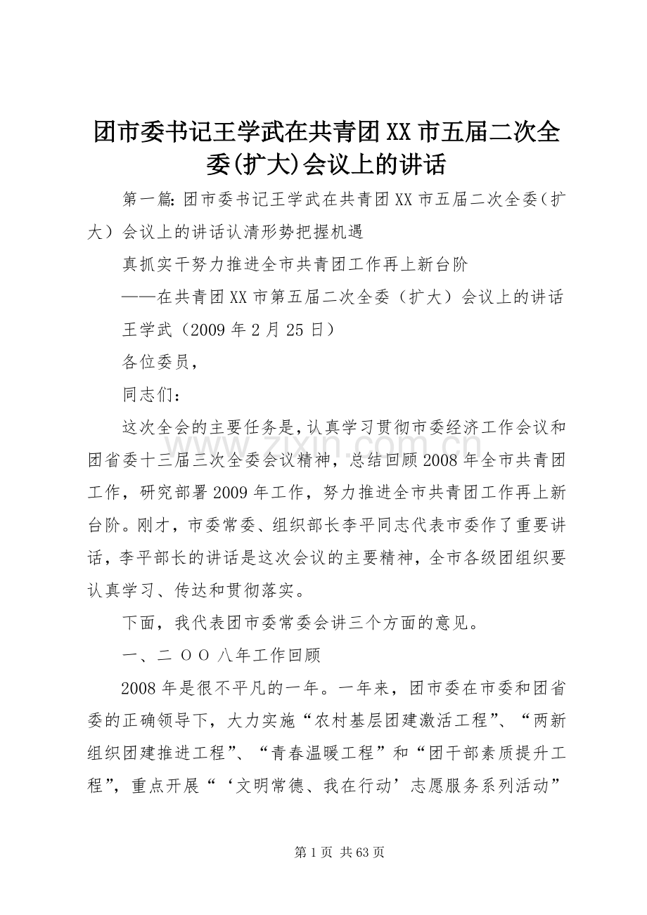 团市委书记王学武在共青团XX市五届二次全委(扩大)会议上的讲话发言.docx_第1页