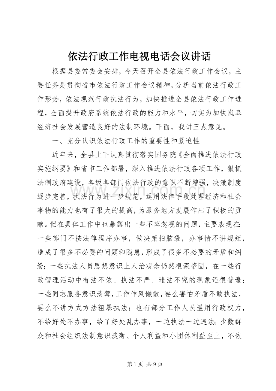依法行政工作电视电话会议讲话发言.docx_第1页