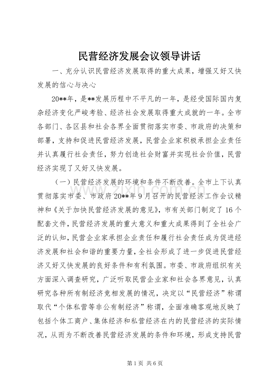 民营经济发展会议领导讲话发言.docx_第1页