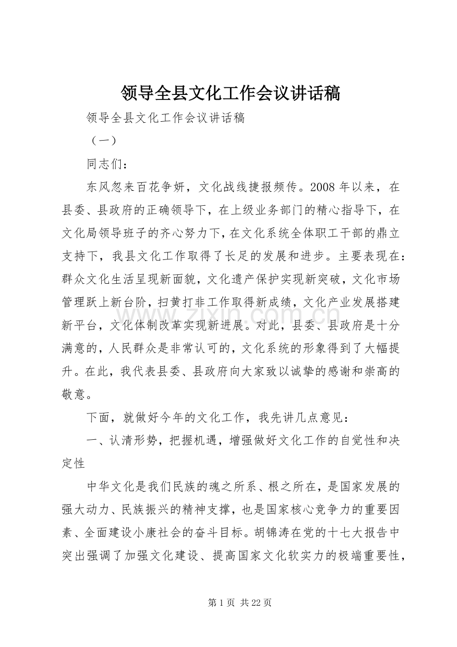领导全县文化工作会议讲话发言稿.docx_第1页