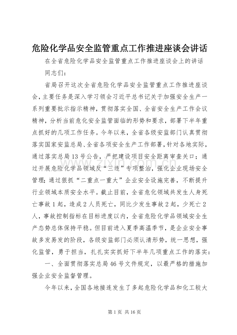 危险化学品安全监管重点工作推进座谈会讲话发言.docx_第1页