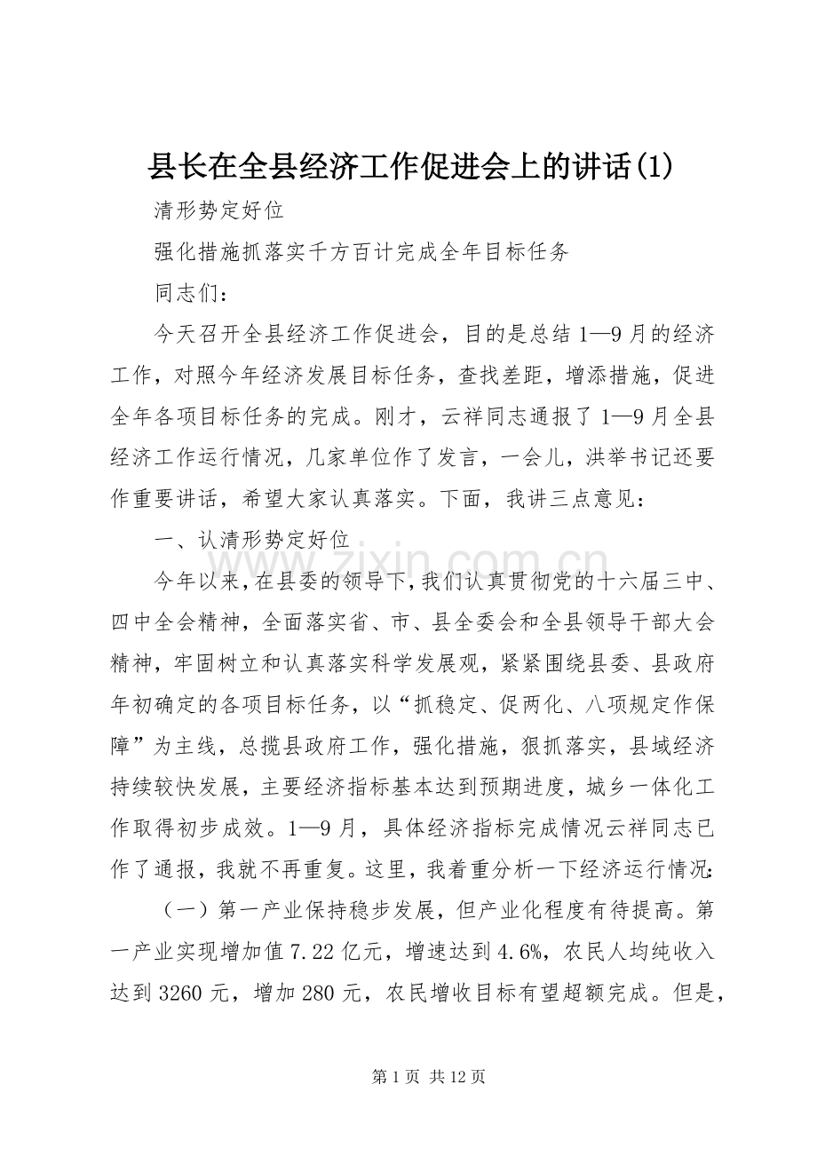 县长在全县经济工作促进会上的讲话发言(1).docx_第1页