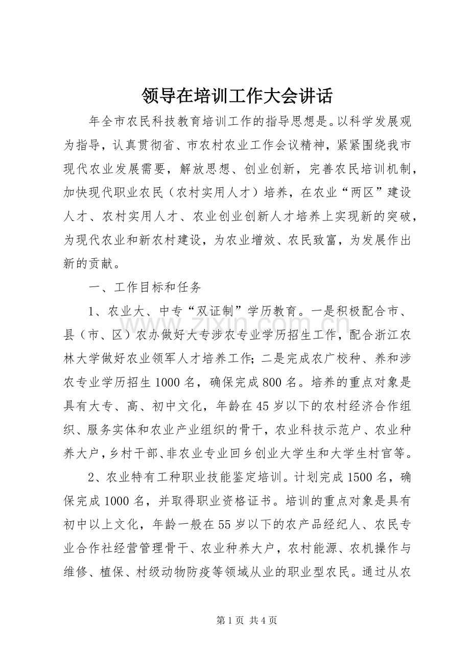 领导在培训工作大会讲话发言.docx_第1页