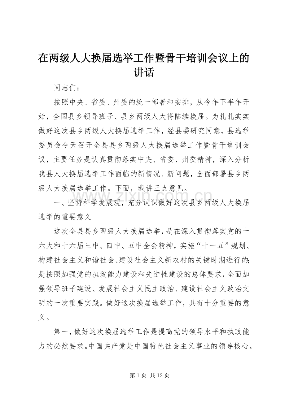 在两级人大换届选举工作暨骨干培训会议上的讲话发言.docx_第1页