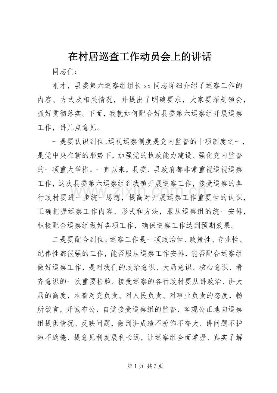 在村居巡查工作动员会上的讲话发言.docx_第1页