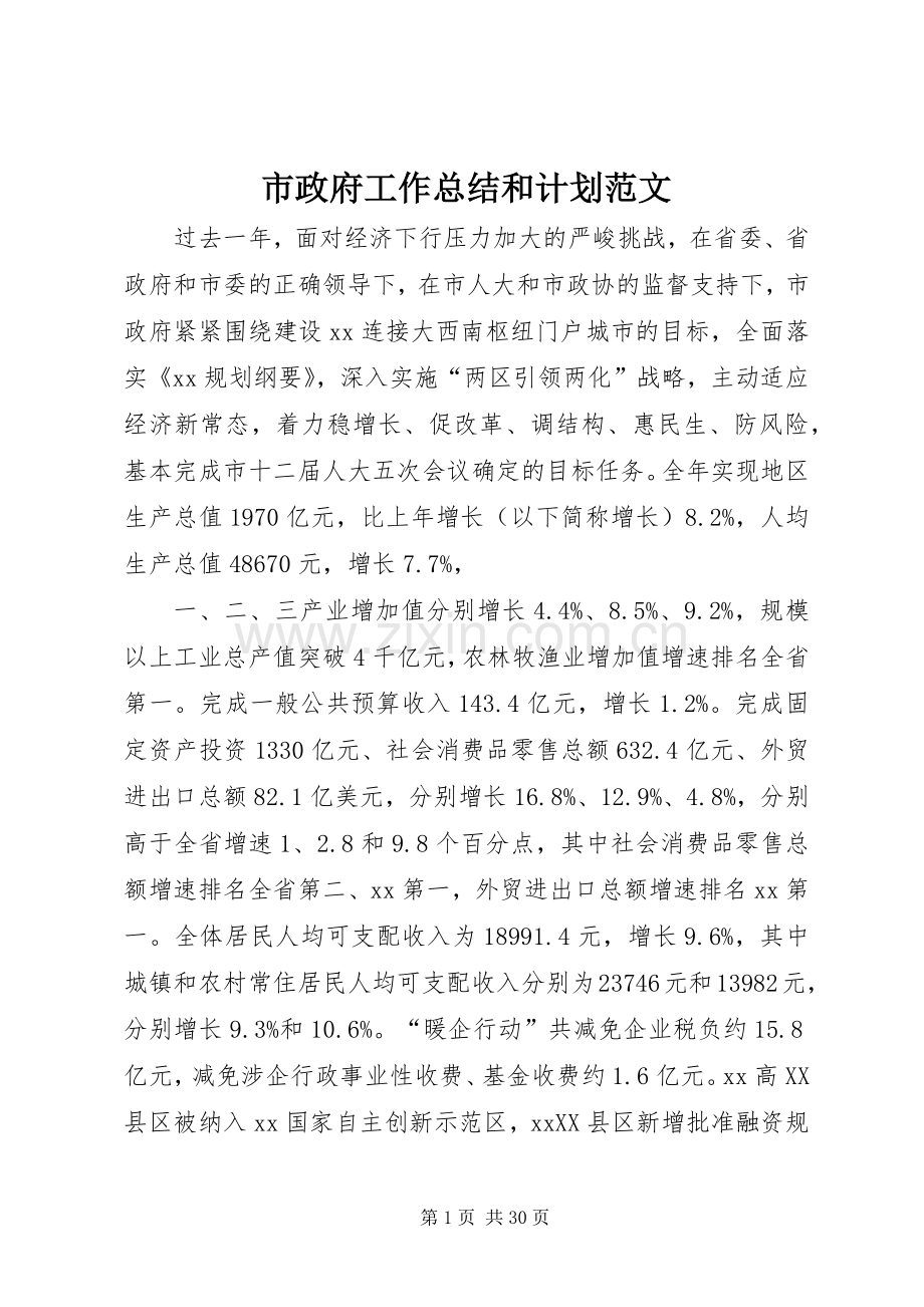市政府工作总结和计划范文.docx_第1页