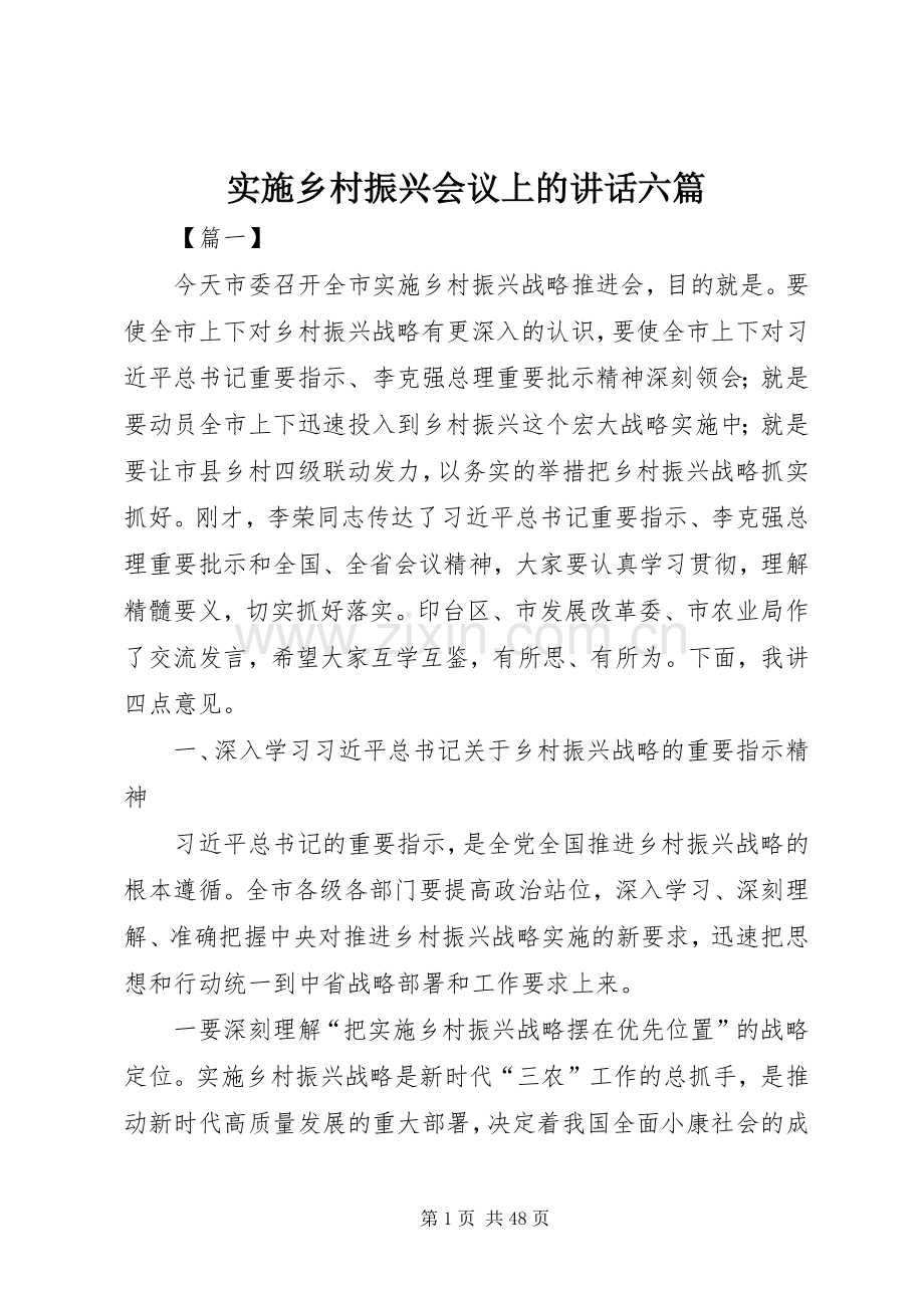 实施乡村振兴会议上的讲话发言六篇.docx_第1页