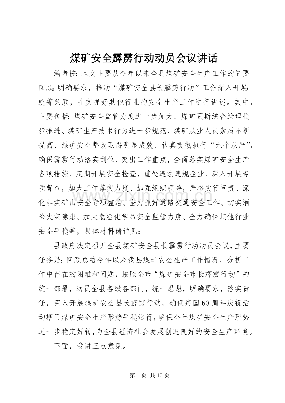 煤矿安全霹雳行动动员会议讲话发言.docx_第1页
