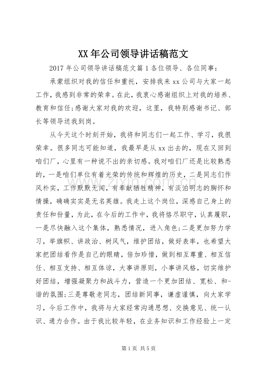 XX年公司领导讲话发言稿范文.docx_第1页