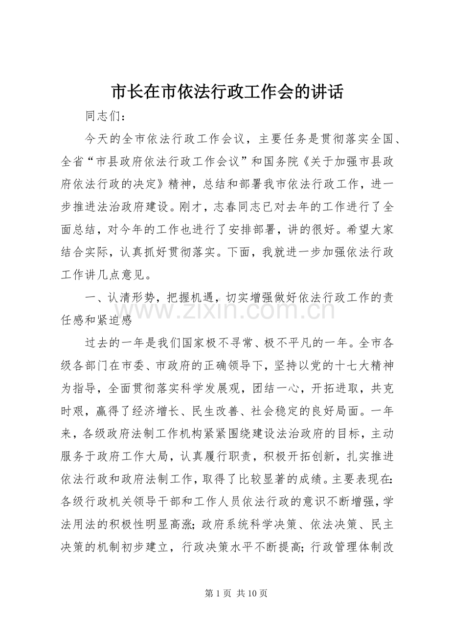 市长在市依法行政工作会的讲话发言.docx_第1页
