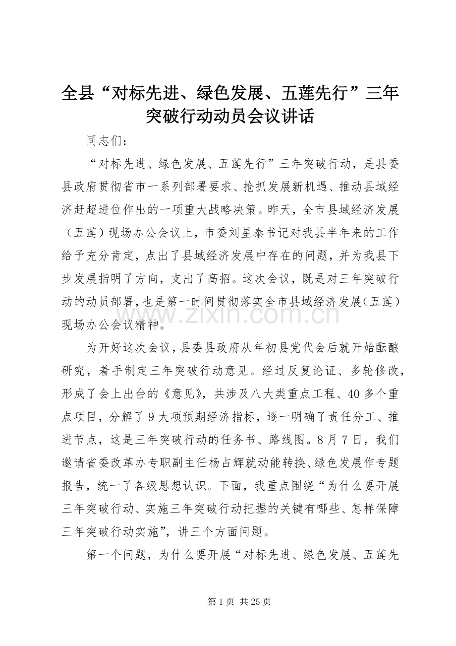 全县“对标先进、绿色发展、五莲先行”三年突破行动动员会议讲话发言.docx_第1页
