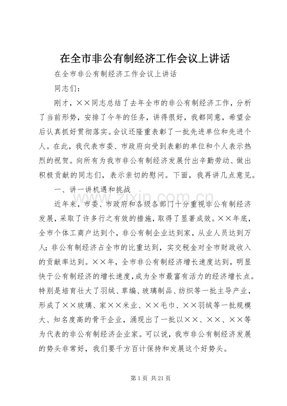 在全市非公有制经济工作会议上讲话发言.docx_第1页