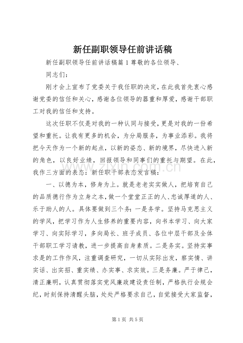 新任副职领导任前讲话发言稿.docx_第1页