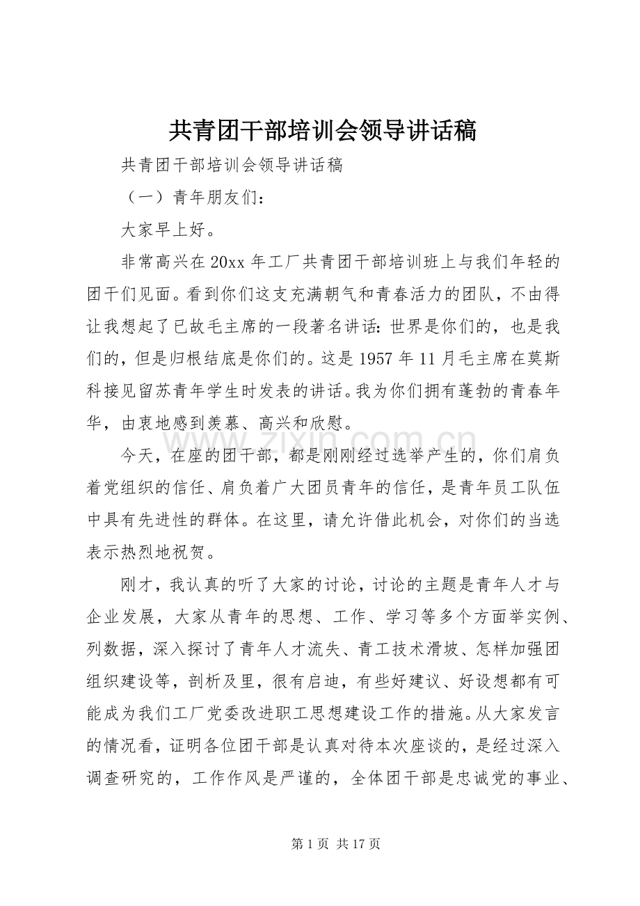 共青团干部培训会领导讲话发言稿.docx_第1页