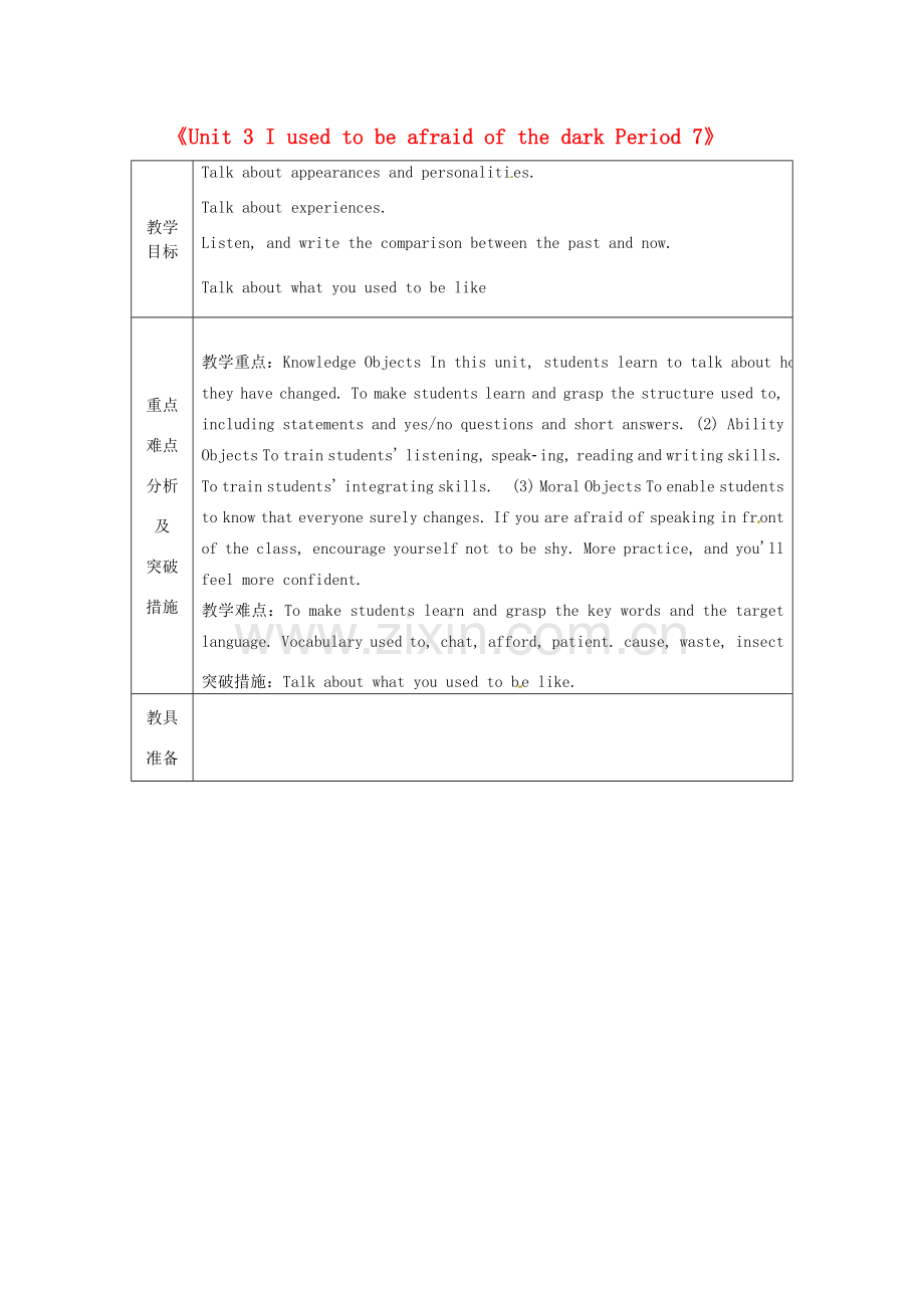 山东省龙口市诸由观镇诸由中学八年级英语下册《Unit 3 I used to be afraid of the dark Period 6》教案 鲁教版五四制.doc_第1页