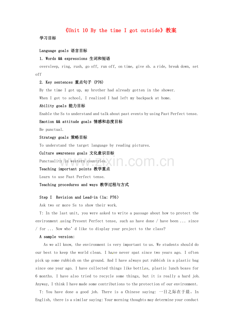山东省临沂市凤凰岭中学九年级英语全册《Unit 10 By the time I got outside》教案 人教新目标版.doc_第1页