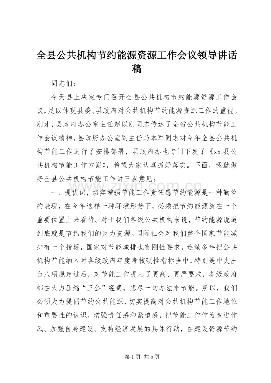 全县公共机构节约能源资源工作会议领导讲话发言稿.docx_第1页