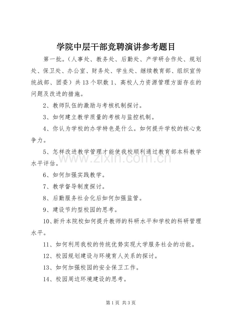 学院中层干部竞聘演讲稿参考题目.docx_第1页