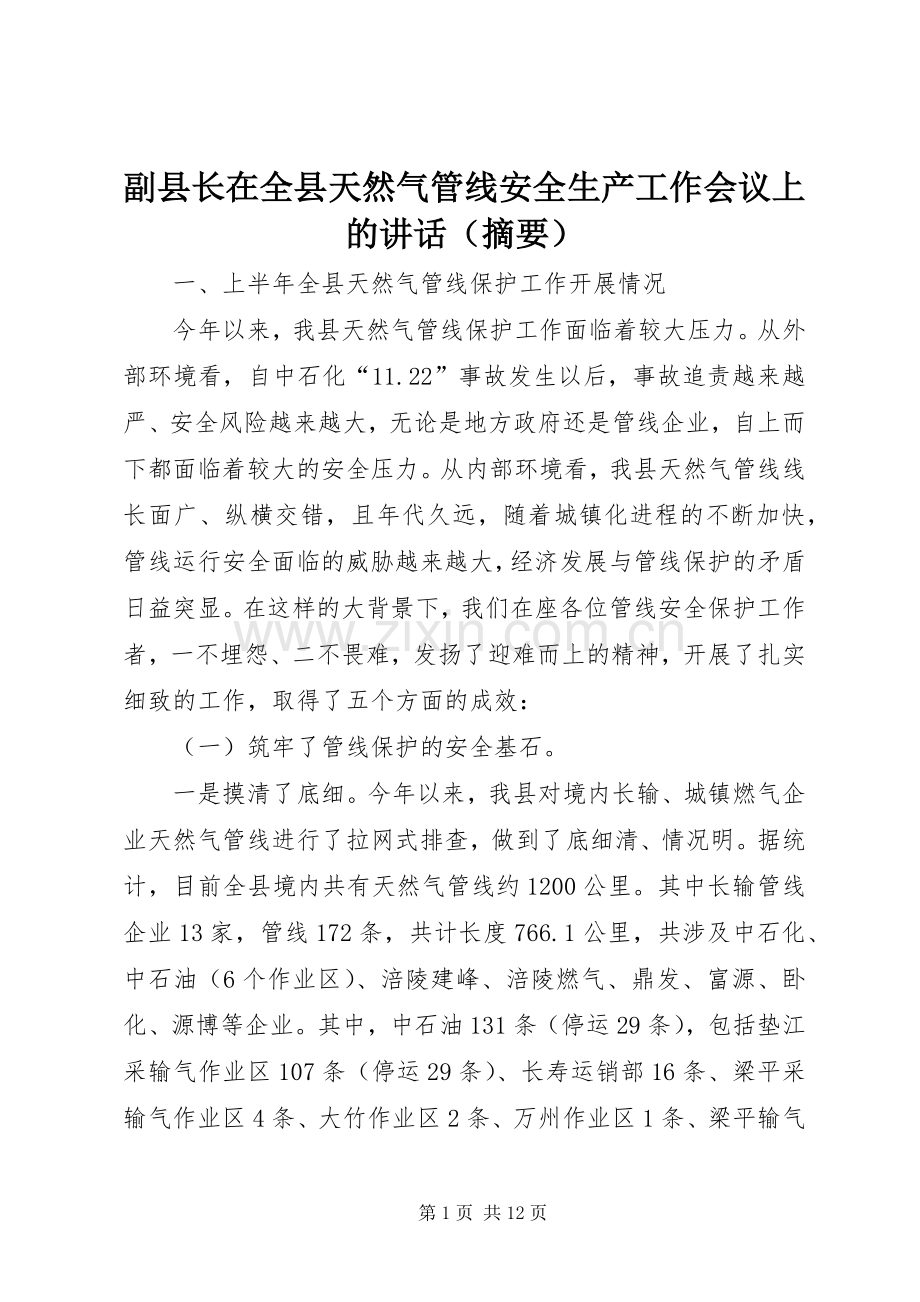 副县长在全县天然气管线安全生产工作会议上的讲话发言（摘要） (2).docx_第1页
