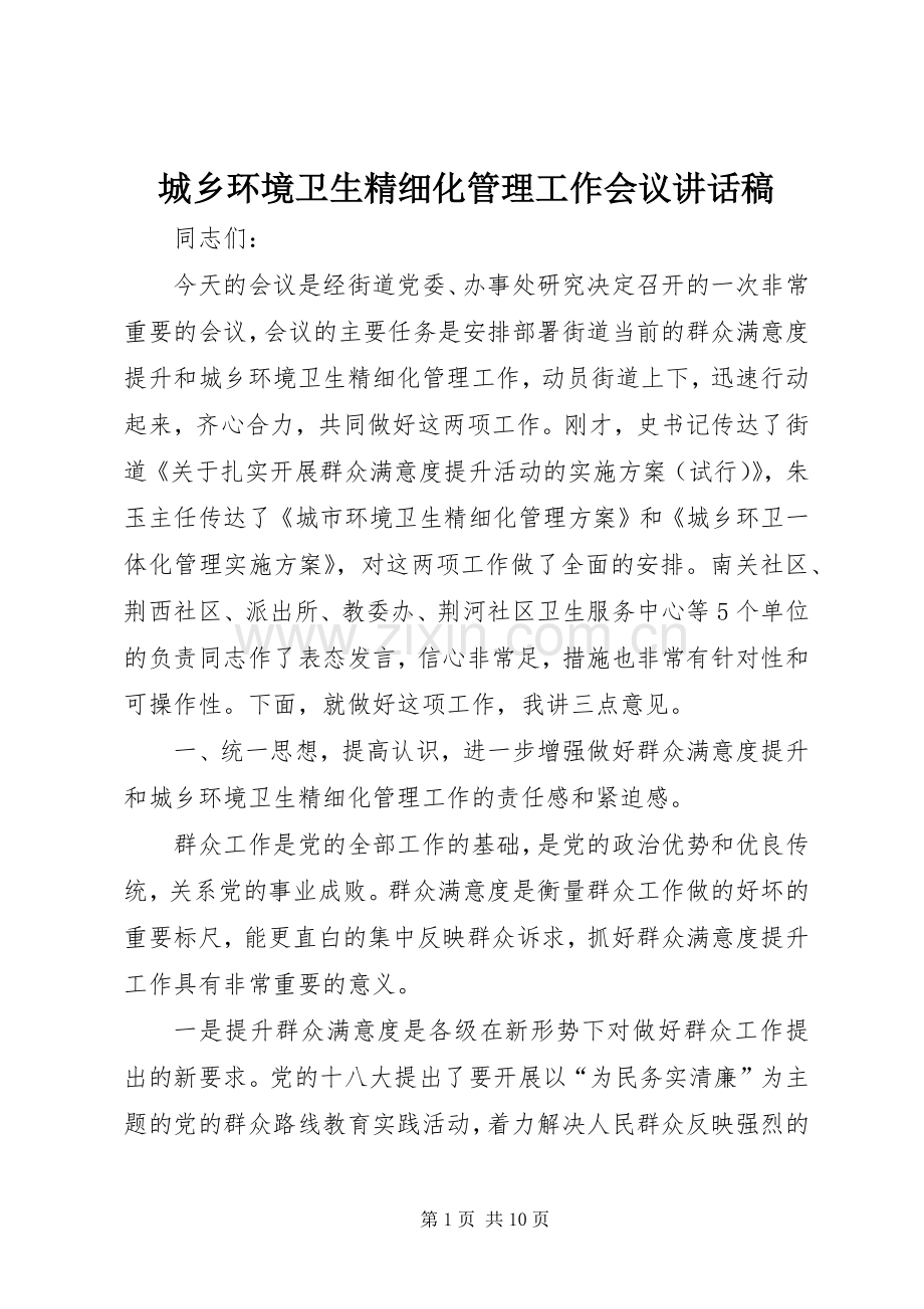 城乡环境卫生精细化管理工作会议讲话发言稿.docx_第1页