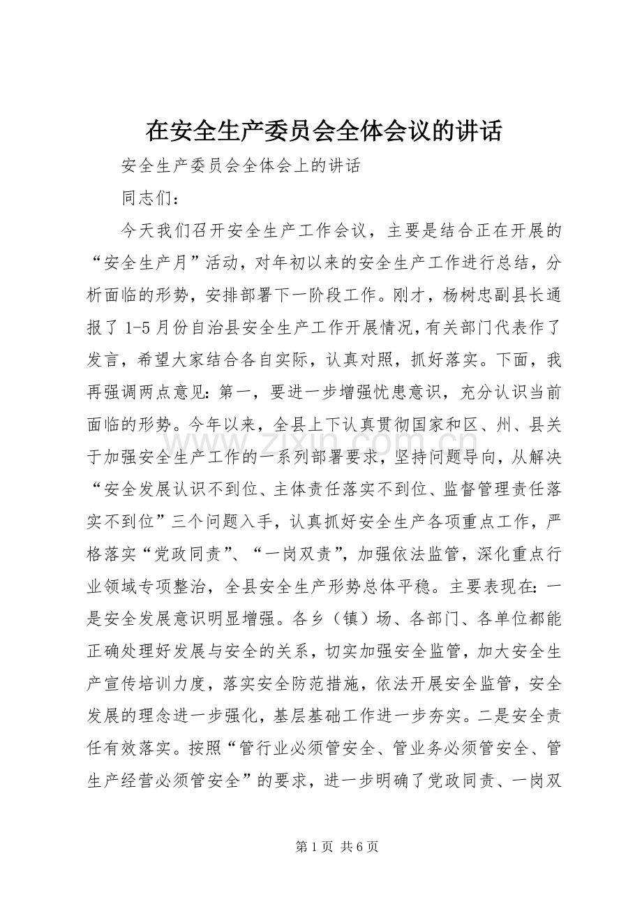 在安全生产委员会全体会议的讲话发言_1.docx_第1页