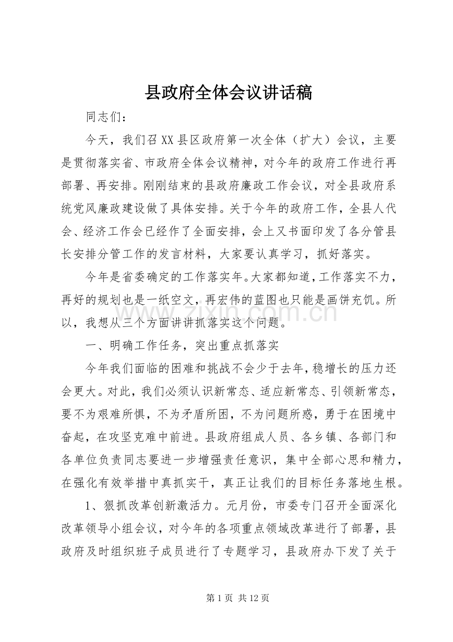 县政府全体会议讲话发言稿.docx_第1页