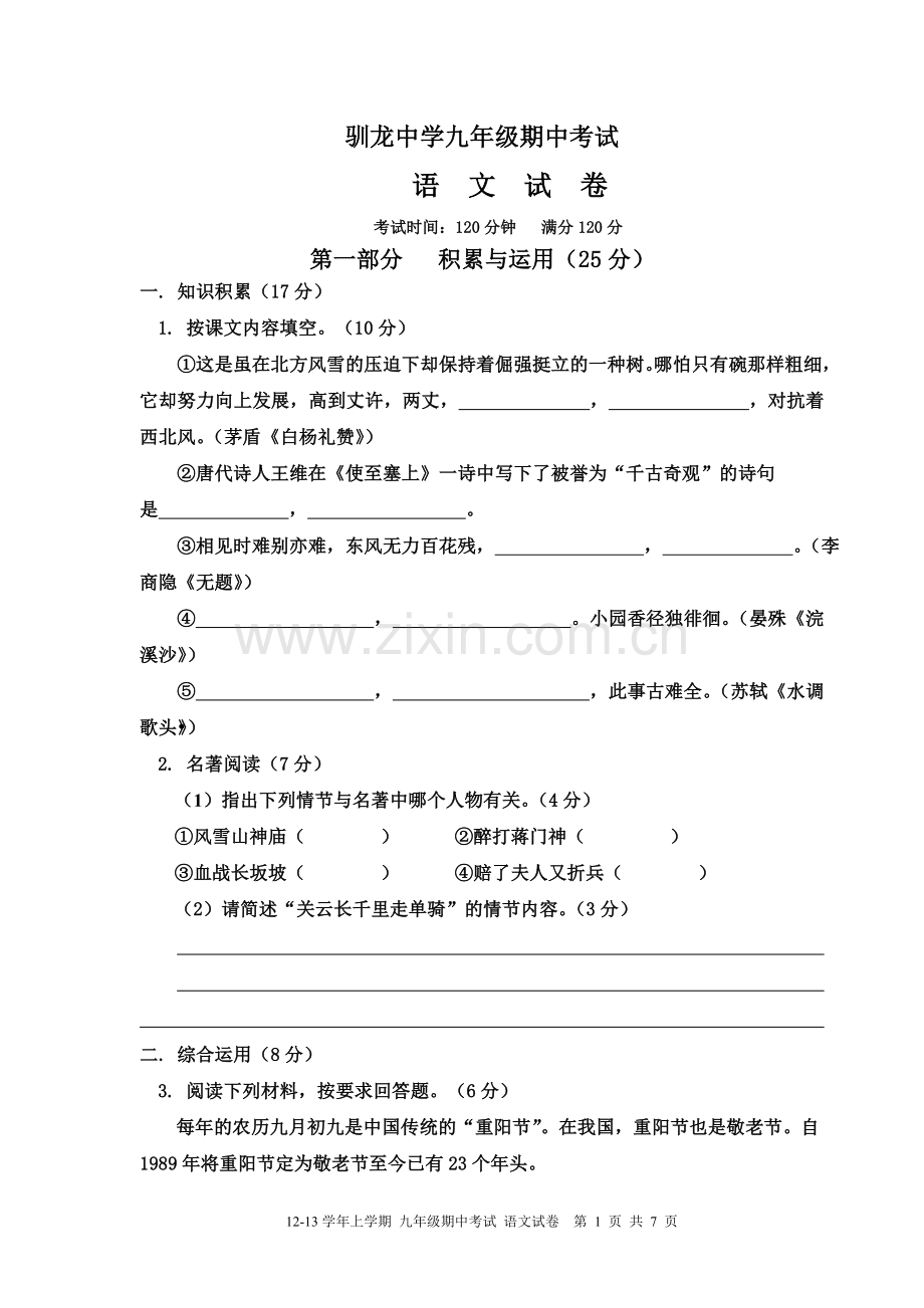 驯龙中学九年级期中考试试卷.doc_第1页