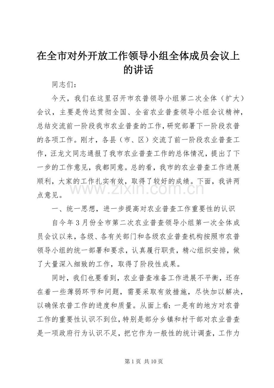 在全市对外开放工作领导小组全体成员会议上的讲话发言.docx_第1页