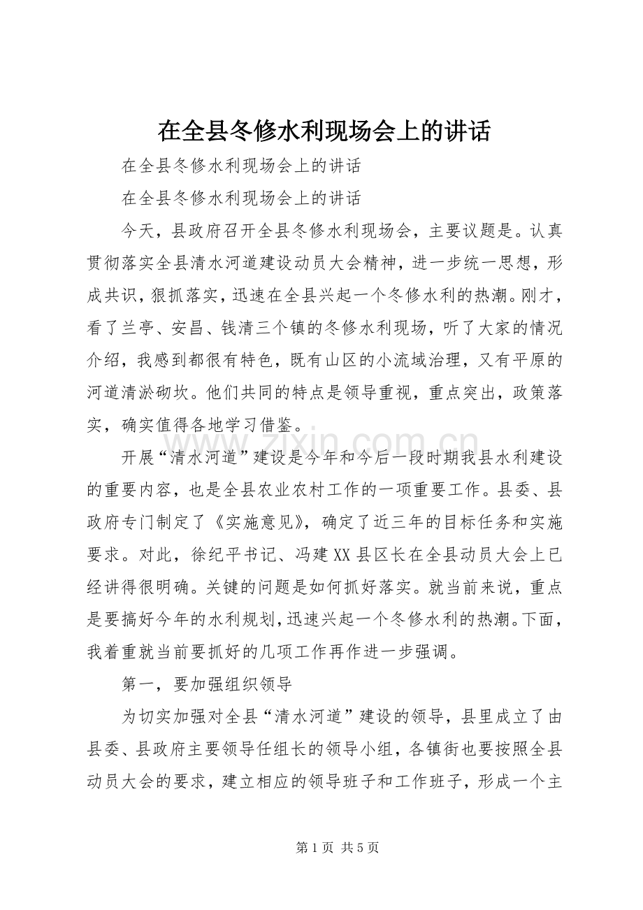 在全县冬修水利现场会上的讲话发言.docx_第1页