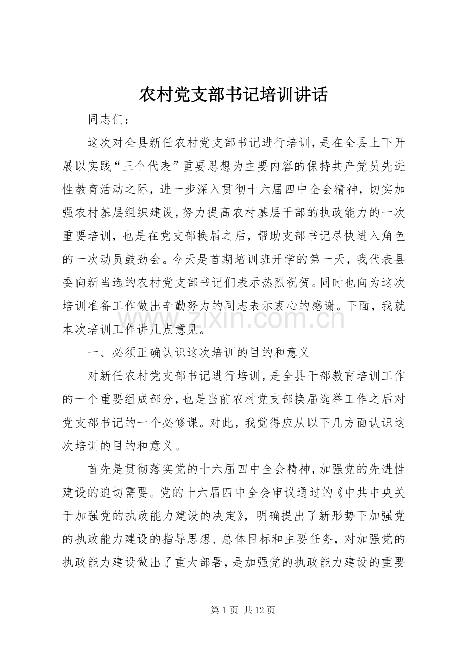 农村党支部书记培训讲话发言.docx_第1页
