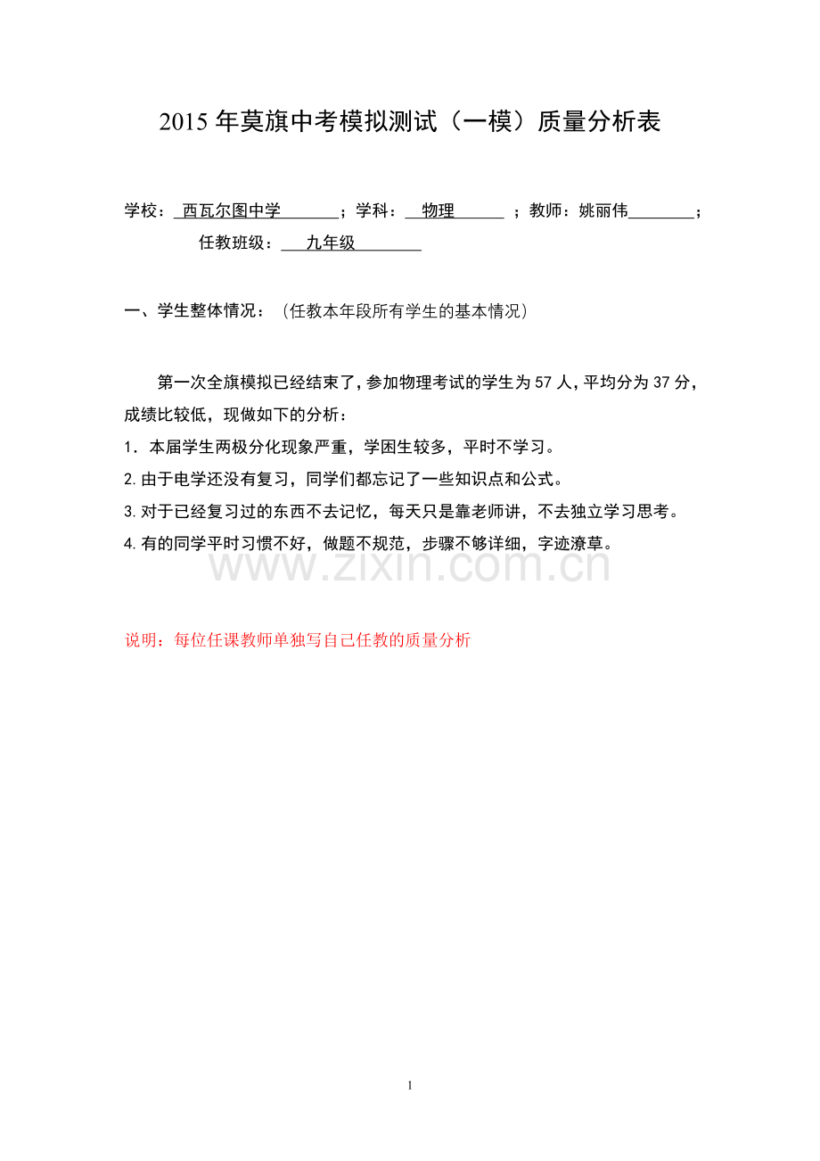 一模学科质量分析样表物理姚丽伟.doc_第1页