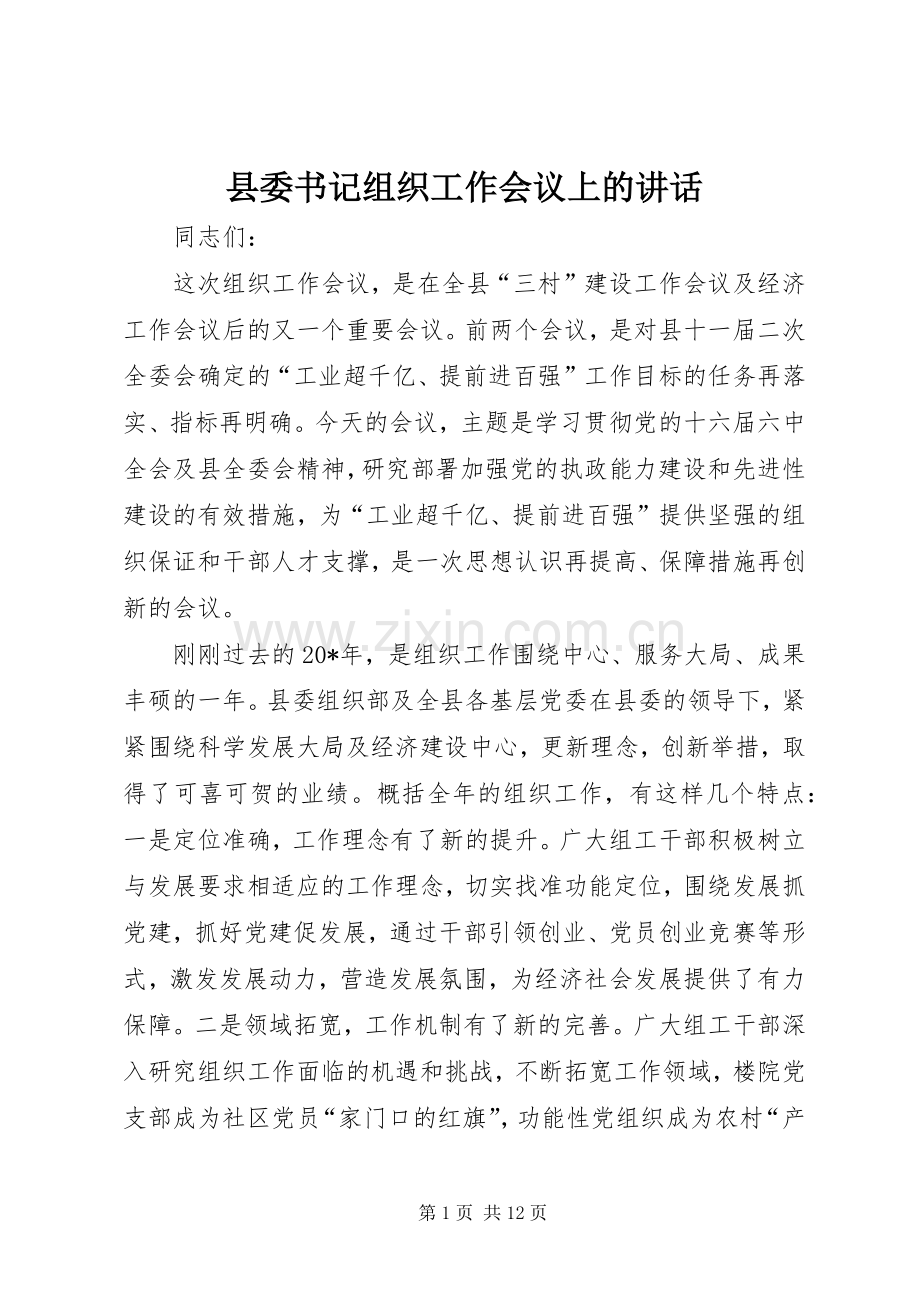 县委书记组织工作会议上的讲话发言.docx_第1页