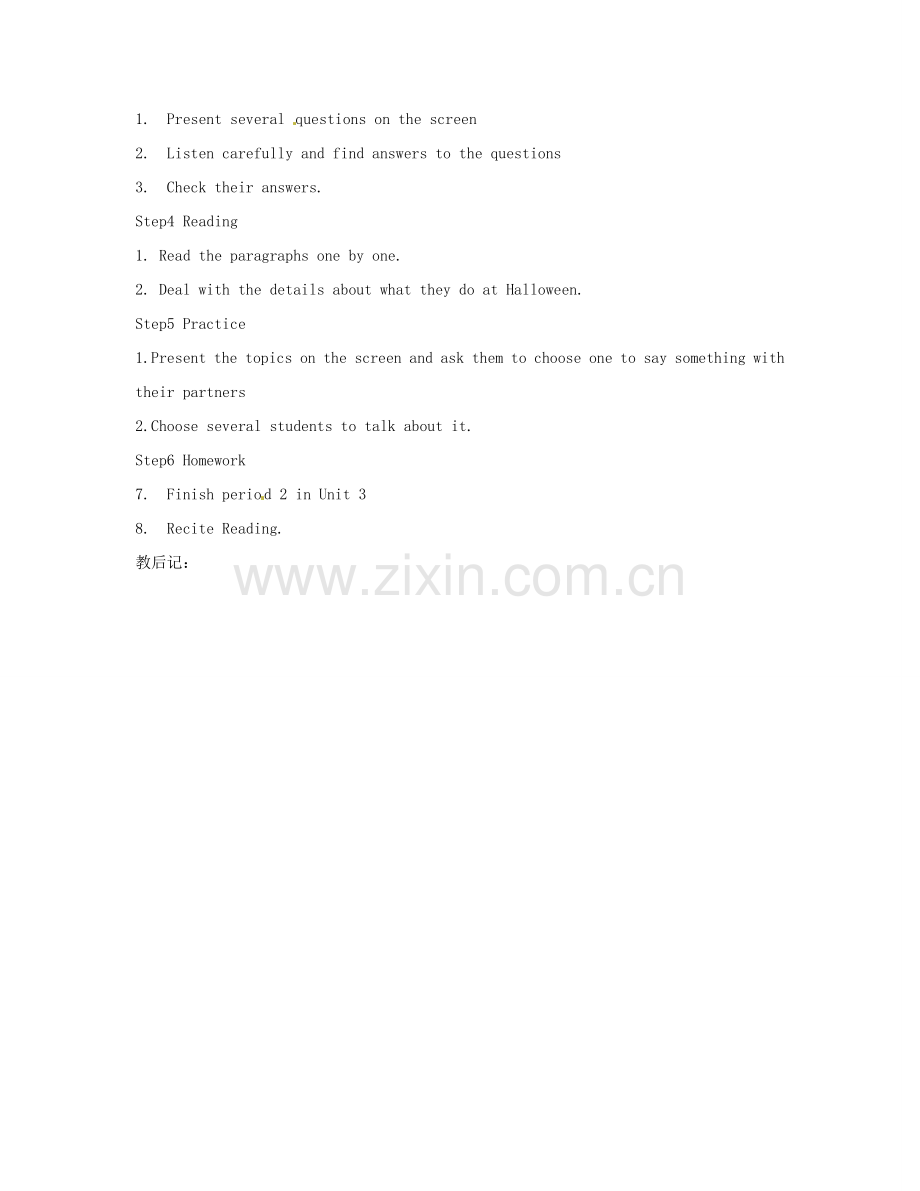 江苏省仪征市谢集中学七年级英语上册 unit5 Period 2 Reading I 教案 人教新目标版.doc_第2页