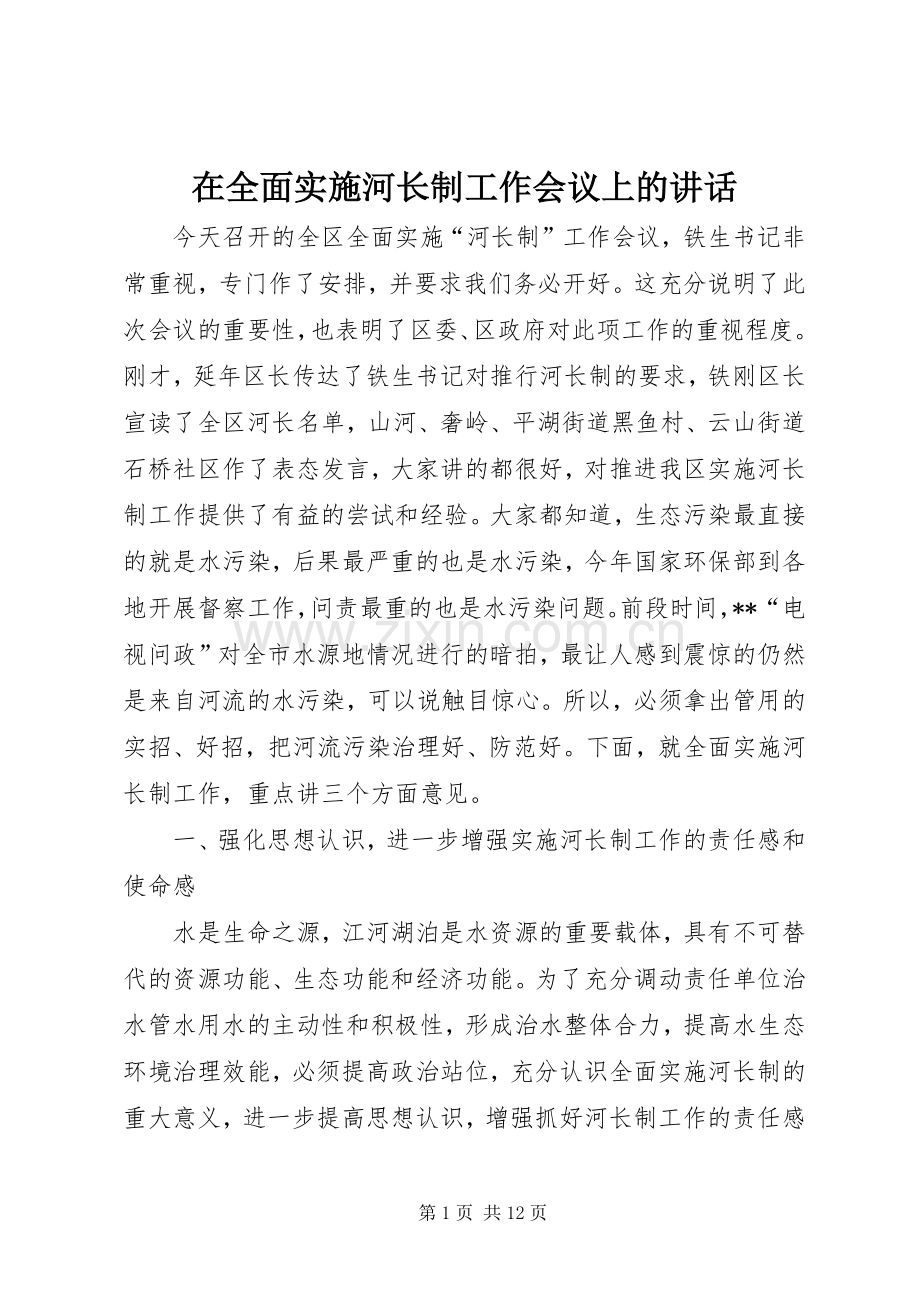 在全面实施河长制工作会议上的讲话发言.docx_第1页