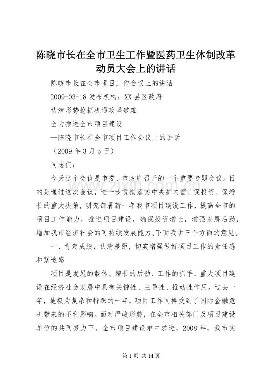 陈晓市长在全市卫生工作暨医药卫生体制改革动员大会上的讲话发言.docx_第1页