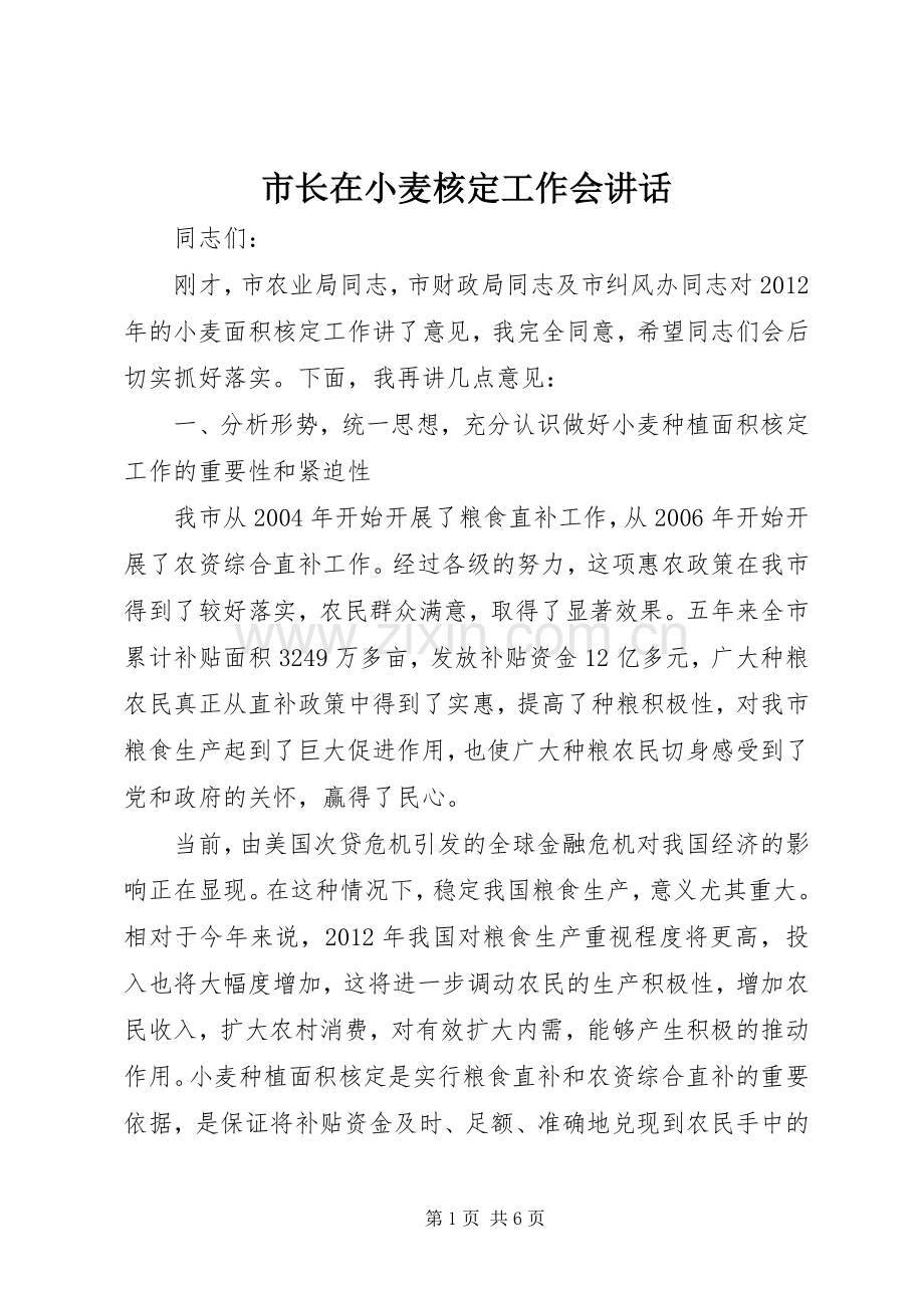 市长在小麦核定工作会讲话发言.docx_第1页