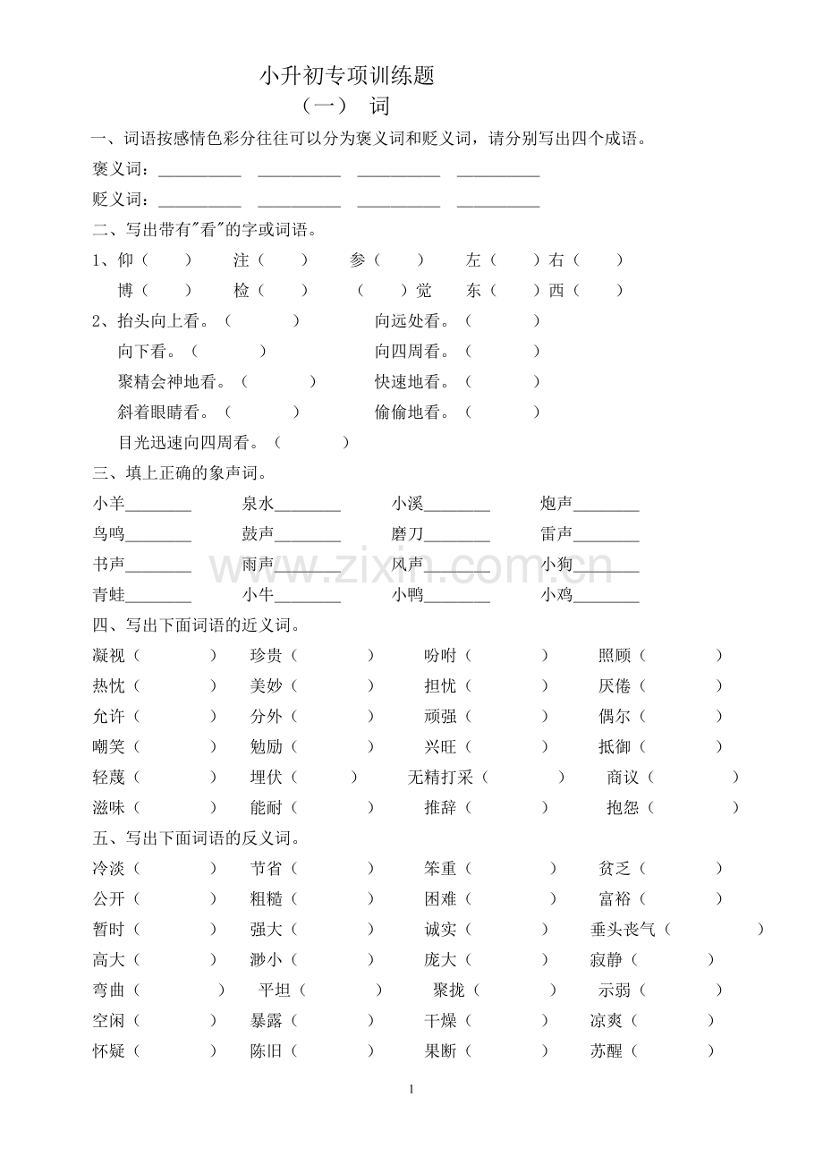 小升初专项训练一 词语.doc_第1页